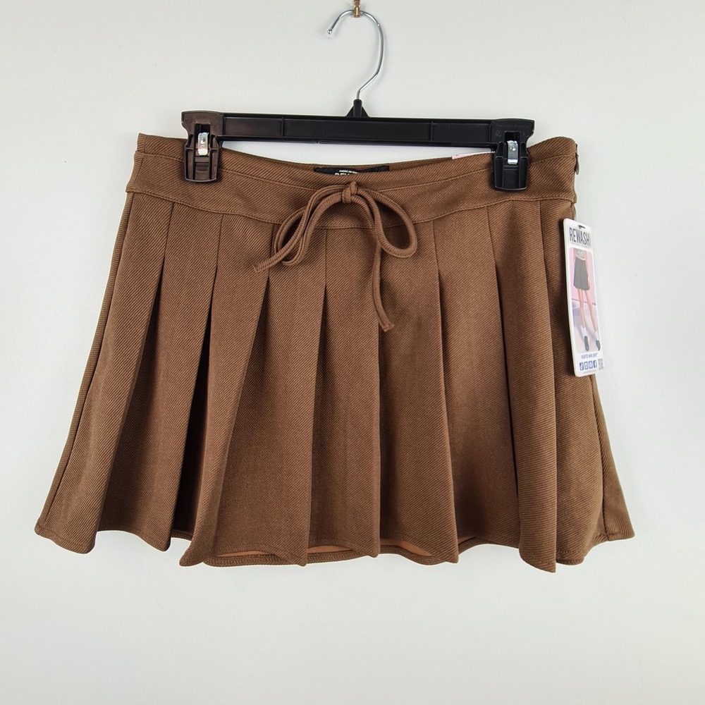 Rewash Brown Pleated Mini Skirt High Waisted Side Zip Preppy Large NEW Academia
